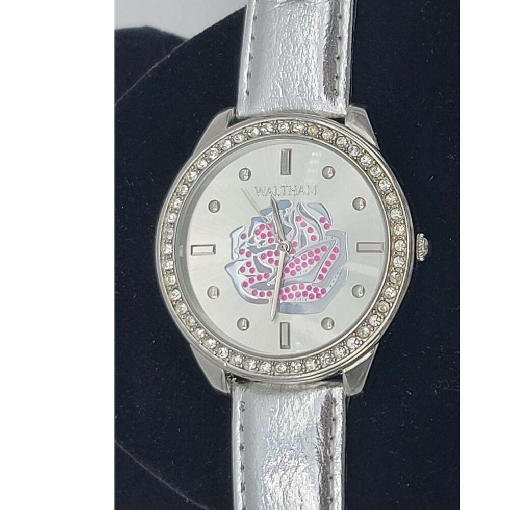 Waltham Women Quartz Wristwatch Rose Design Crystal Studded Bezel New Battery